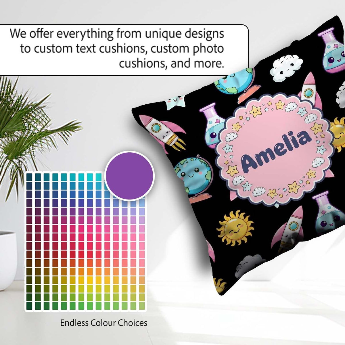 Custom Name Kawaii School Rainbow Glue Ruler Apple Fun Seamless Square Filled Cushion Throw Pillow Sofa Bed Home Decor Zip Washable UK Made