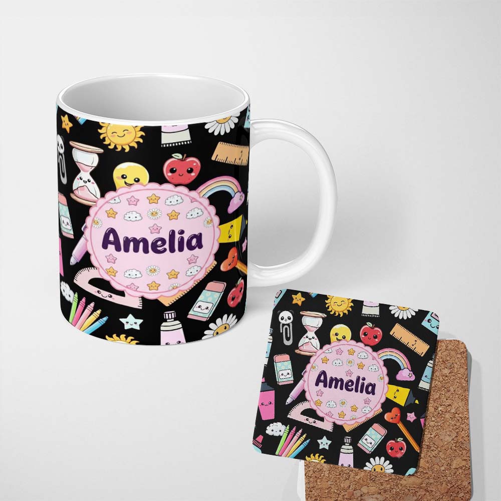 Personalized Custom Name Cute Kawaii Creative School Supplies Mixed Fun Seamless Pattern Name 11oz Ceramic Coffee Tea Mug White Large Handle