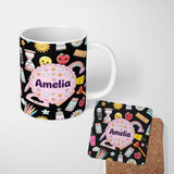 Personalized Custom Name Cute Kawaii Creative School Supplies Mixed Fun Seamless Pattern Name 11oz Ceramic Coffee Tea Mug White Large Handle