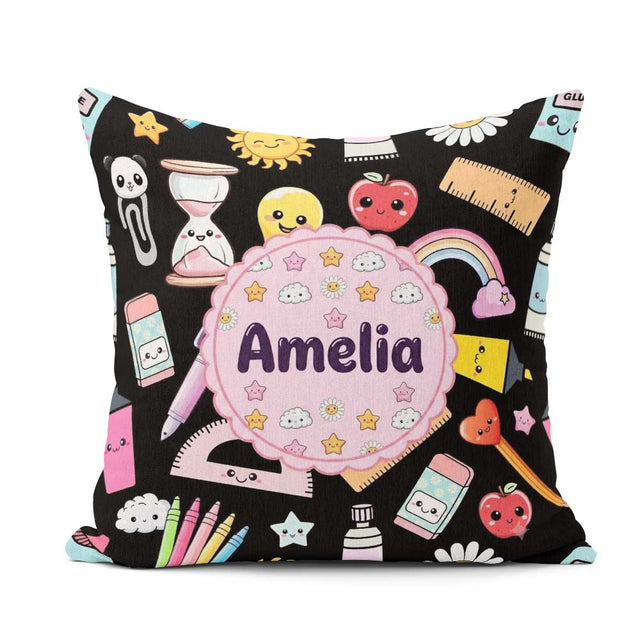 Custom Name Cute Kawaii Creative Supplies Mixed Fun Pattern Name Square Filled Cushion Throw Pillow Sofa Bed Home Decor Zip Washable UK Made