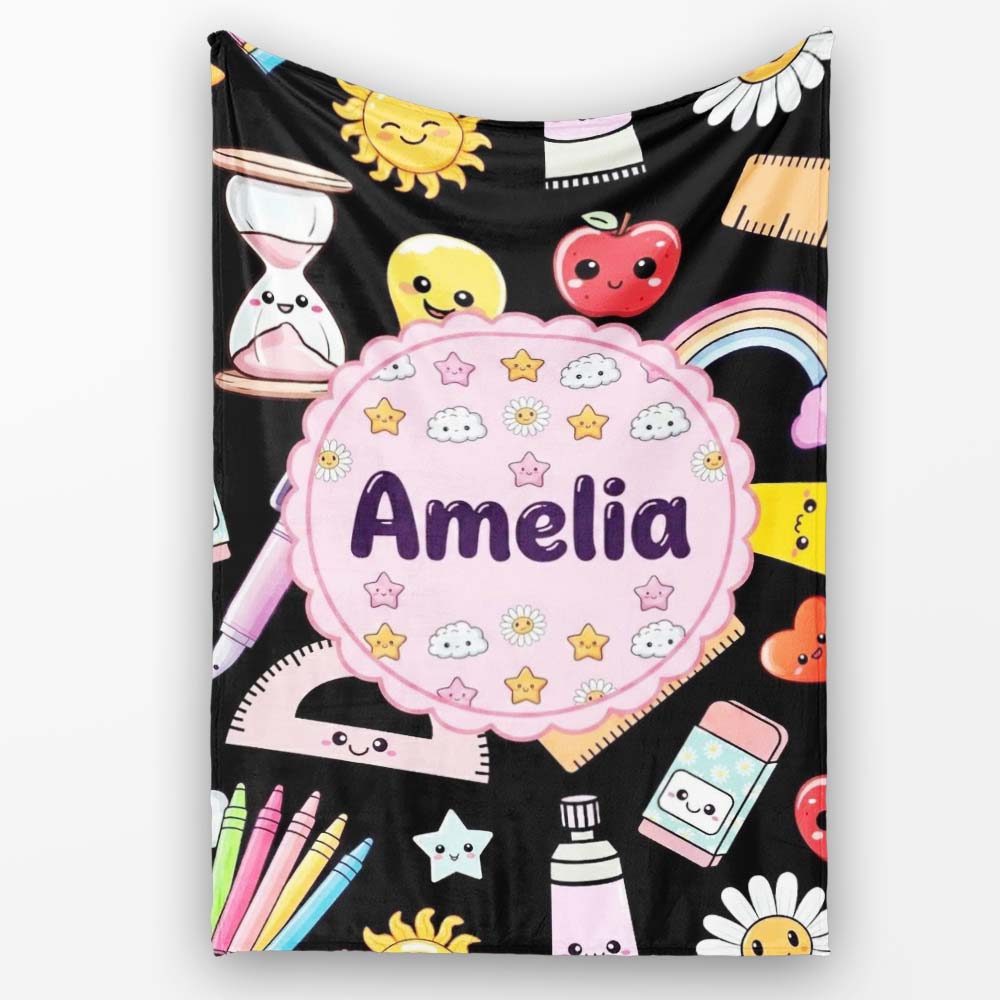 Cute Kawaii Creative School Supplies Mixed Fun Seamless Pattern Name  Personalised Custom Name Super Soft Fleece Blanket Bed Sofa Throw