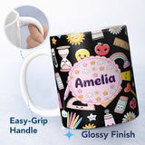Personalized Custom Name Cute Kawaii Creative School Supplies Mixed Fun Seamless Pattern Name 11oz Ceramic Coffee Tea Mug White Large Handle