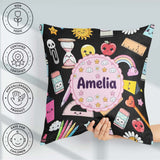 Custom Name Cute Kawaii Creative Supplies Mixed Fun Pattern Name Square Filled Cushion Throw Pillow Sofa Bed Home Decor Zip Washable UK Made