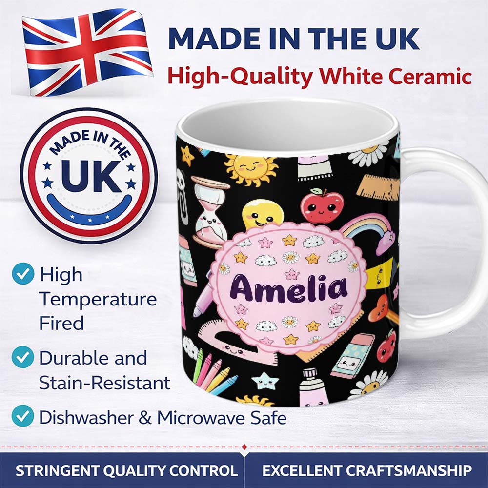 Personalized Custom Name Cute Kawaii Creative School Supplies Mixed Fun Seamless Pattern Name 11oz Ceramic Coffee Tea Mug White Large Handle