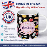 Personalized Custom Name Cute Kawaii Creative School Supplies Mixed Fun Seamless Pattern Name 11oz Ceramic Coffee Tea Mug White Large Handle