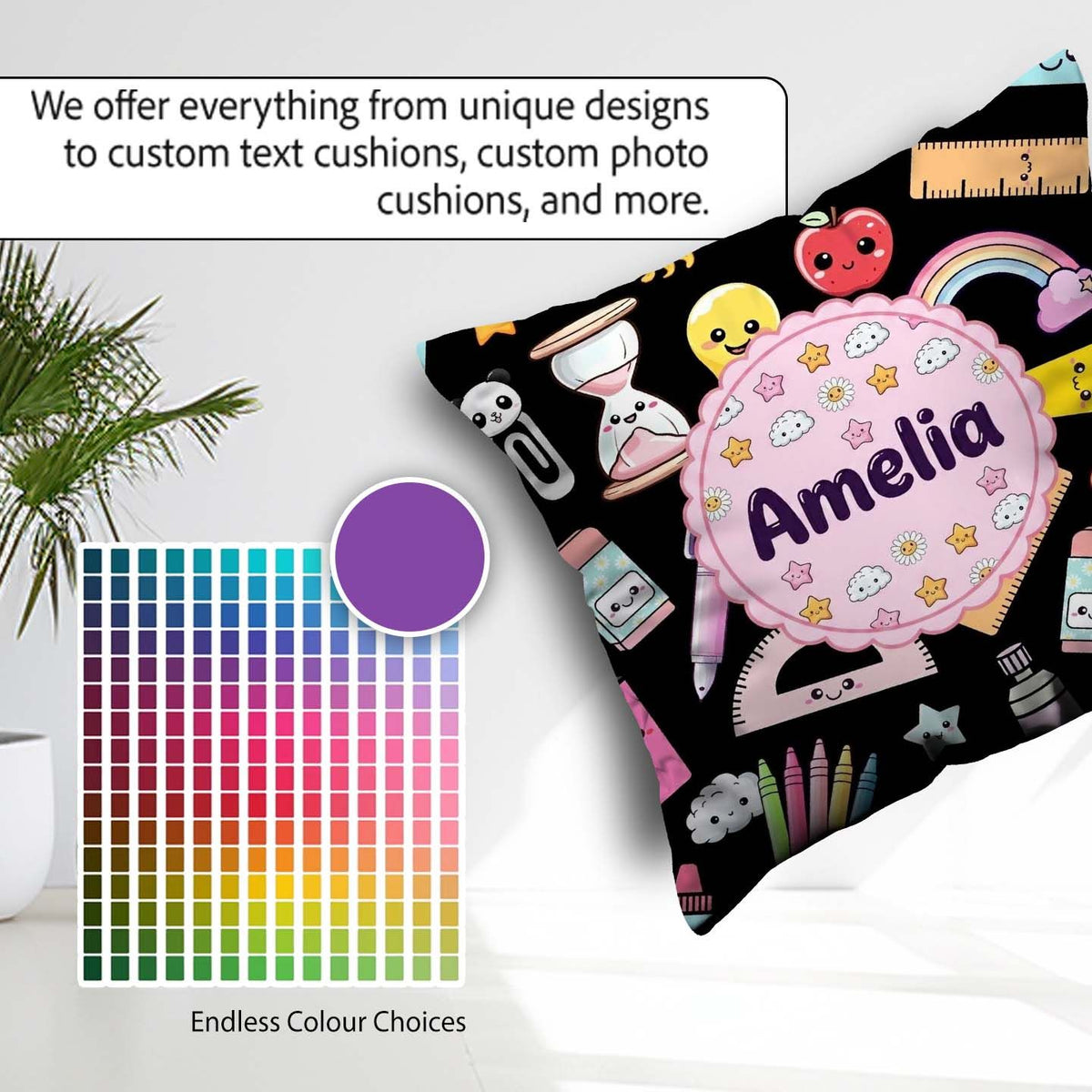 Custom Name Cute Kawaii Creative Supplies Mixed Fun Pattern Name Square Filled Cushion Throw Pillow Sofa Bed Home Decor Zip Washable UK Made