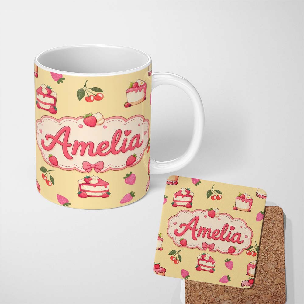 Personalized Custom Name Cute Strawberry Cake Dessert Cherry Sweet Treat Seamless Pattern 11oz Ceramic Coffee Tea Mug White Large Handle