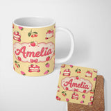 Personalized Custom Name Cute Strawberry Cake Dessert Cherry Sweet Treat Seamless Pattern 11oz Ceramic Coffee Tea Mug White Large Handle