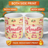 Personalized Custom Name Cute Strawberry Cake Dessert Cherry Sweet Treat Seamless Pattern 11oz Ceramic Coffee Tea Mug White Large Handle