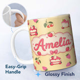 Personalized Custom Name Cute Strawberry Cake Dessert Cherry Sweet Treat Seamless Pattern 11oz Ceramic Coffee Tea Mug White Large Handle