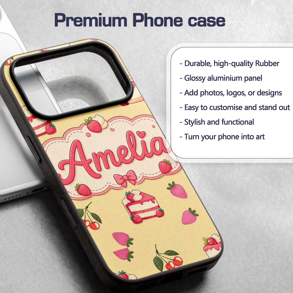 Cute Strawberry Cake Dessert Cherry Sweet Treat Custom Name Protective Phone Case Mobile Cover Durable Everyday Smartphone Shock Resistant