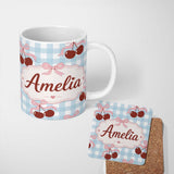 Personalized Custom Name Cherry Bow Ribbon Cute Blue Gingham Picnic Check Seamless Pattern 11oz Ceramic Coffee Tea Mug White Large Handle