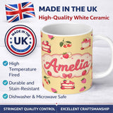 Personalized Custom Name Cute Strawberry Cake Dessert Cherry Sweet Treat Seamless Pattern 11oz Ceramic Coffee Tea Mug White Large Handle