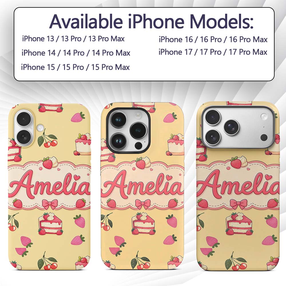 Cute Strawberry Cake Dessert Cherry Sweet Treat Custom Name Protective Phone Case Mobile Cover Durable Everyday Smartphone Shock Resistant