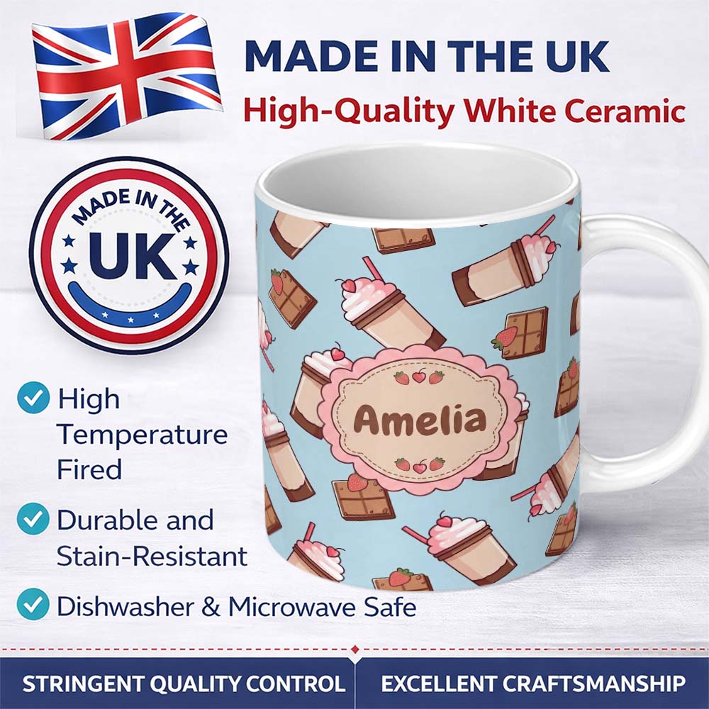 Personalized Custom Name Cute Chocolate Milkshake Strawberry Sweet Drink Seamless Pattern 11oz Ceramic Coffee Tea Mug White Large Handle