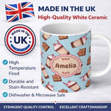 Personalized Custom Name Cute Chocolate Milkshake Strawberry Sweet Drink Seamless Pattern 11oz Ceramic Coffee Tea Mug White Large Handle