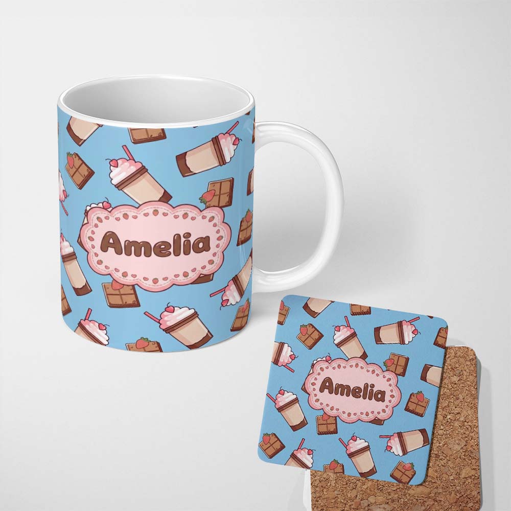 Personalized Custom Name Cute Chocolate Milkshake Blue Background Sweet Drink Seamless 11oz Ceramic Coffee Tea Mug White Large Handle