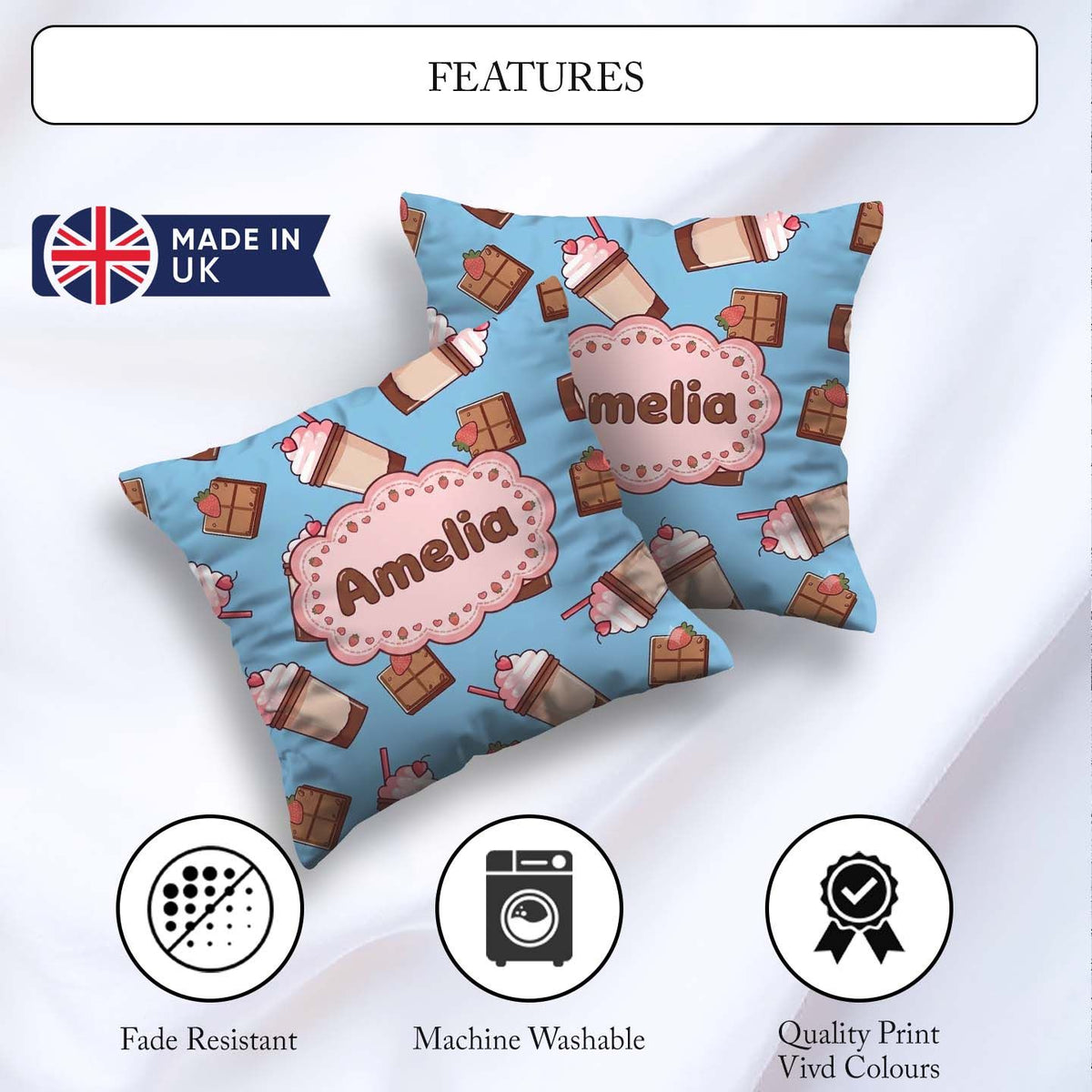 Custom Name Cute Chocolate Milkshake Blue Background Sweet Drink Square Filled Cushion Throw Pillow Sofa Bed Home Decor Zip Washable UK Made