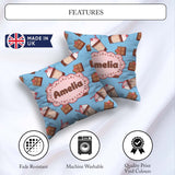 Custom Name Cute Chocolate Milkshake Blue Background Sweet Drink Square Filled Cushion Throw Pillow Sofa Bed Home Decor Zip Washable UK Made