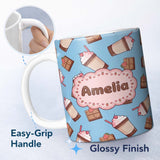 Personalized Custom Name Cute Chocolate Milkshake Blue Background Sweet Drink Seamless 11oz Ceramic Coffee Tea Mug White Large Handle