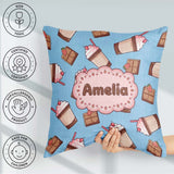 Custom Name Cute Chocolate Milkshake Blue Background Sweet Drink Square Filled Cushion Throw Pillow Sofa Bed Home Decor Zip Washable UK Made