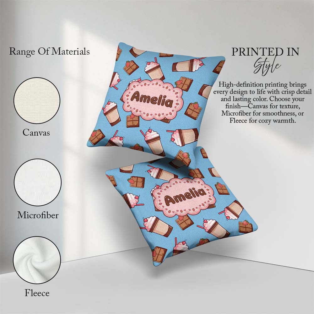 Custom Name Cute Chocolate Milkshake Blue Background Sweet Drink Square Filled Cushion Throw Pillow Sofa Bed Home Decor Zip Washable UK Made