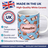 Personalized Custom Name Cute Chocolate Milkshake Blue Background Sweet Drink Seamless 11oz Ceramic Coffee Tea Mug White Large Handle