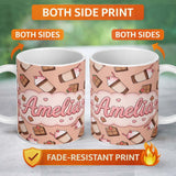 Personalized Custom Name Cute Chocolate Milkshake Peach Background Sweet Drink Seamless 11oz Ceramic Coffee Tea Mug White Large Handle