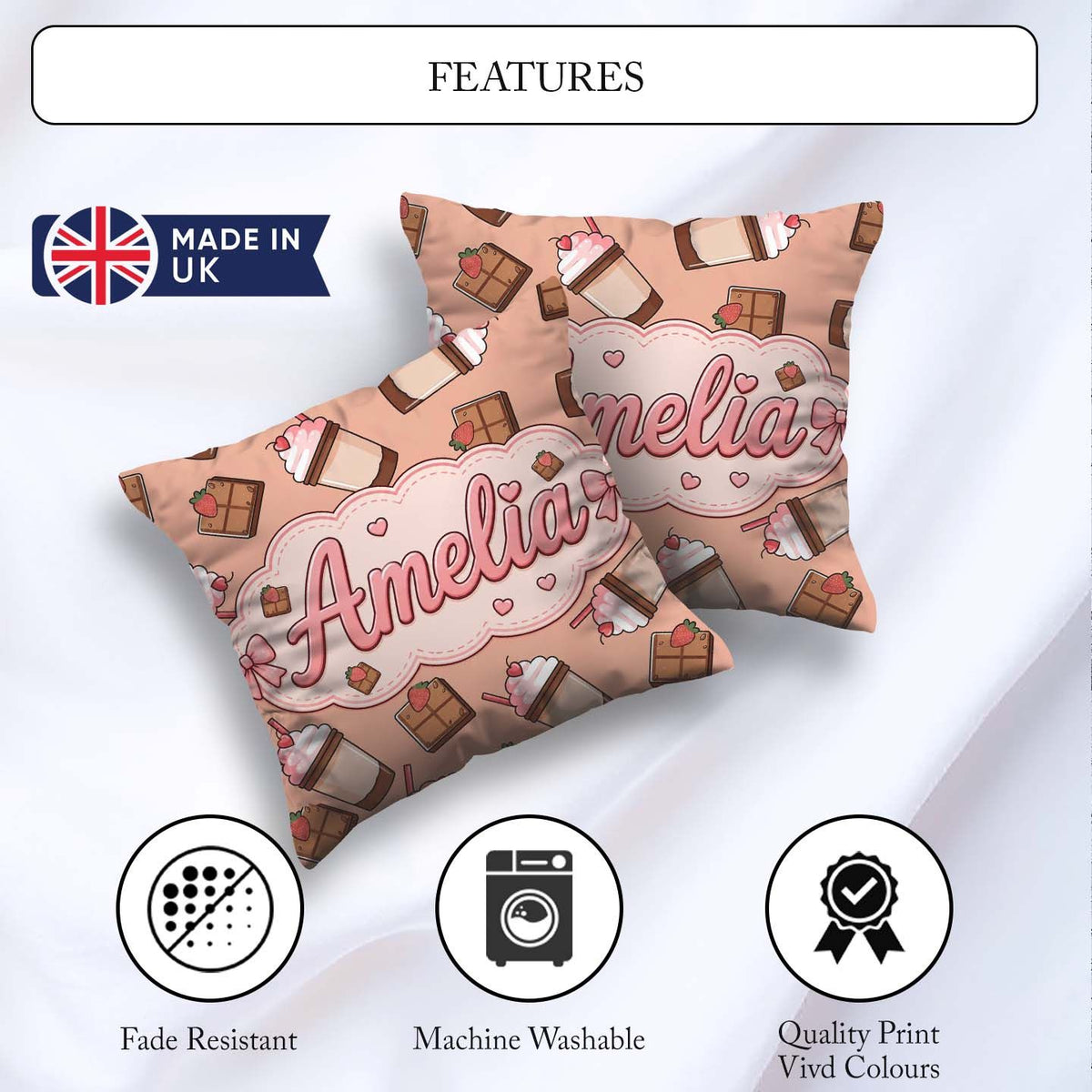 Custom Name Cute Chocolate Peach Background Sweet Drink Seamless Square Filled Cushion Throw Pillow Sofa Bed Home Decor Zip Washable UK Made