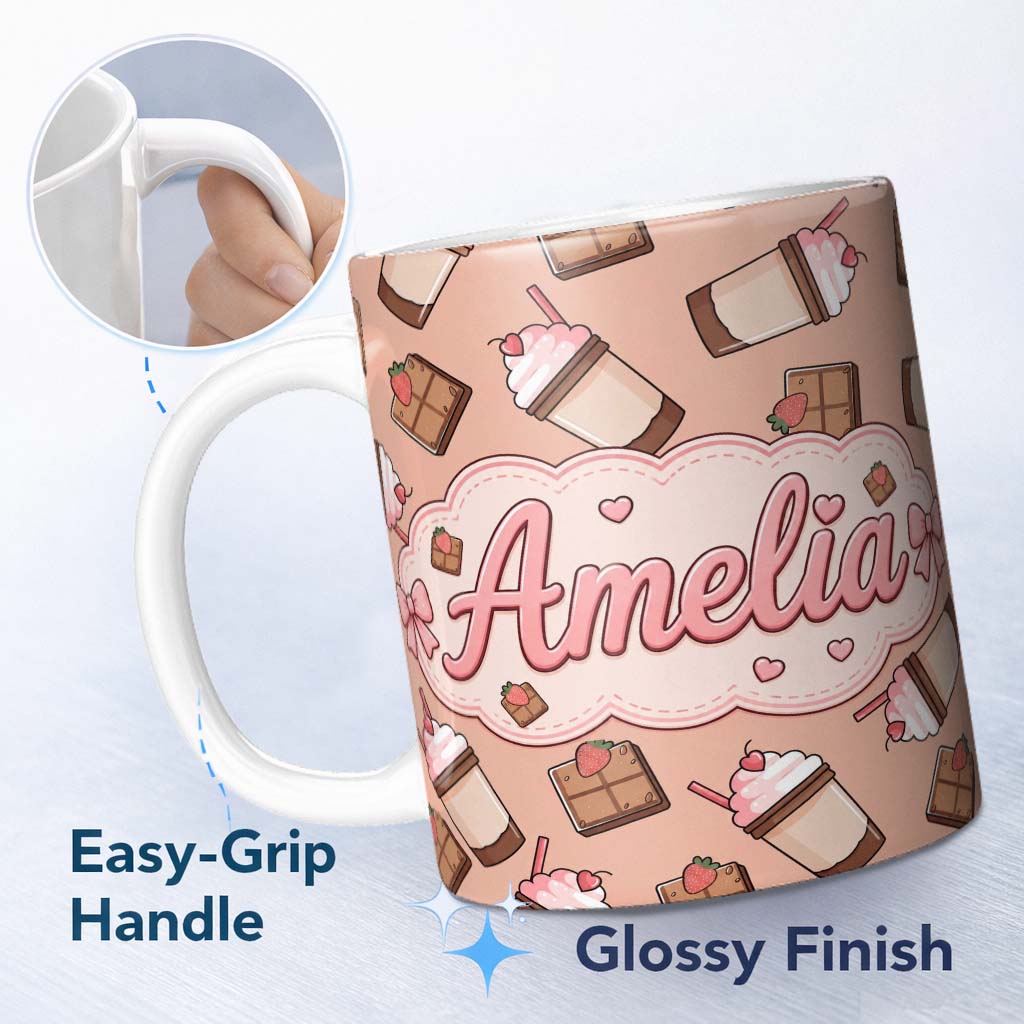 Personalized Custom Name Cute Chocolate Milkshake Peach Background Sweet Drink Seamless 11oz Ceramic Coffee Tea Mug White Large Handle