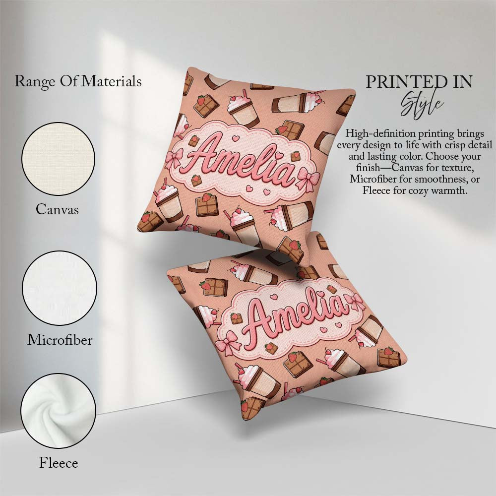 Custom Name Cute Chocolate Peach Background Sweet Drink Seamless Square Filled Cushion Throw Pillow Sofa Bed Home Decor Zip Washable UK Made