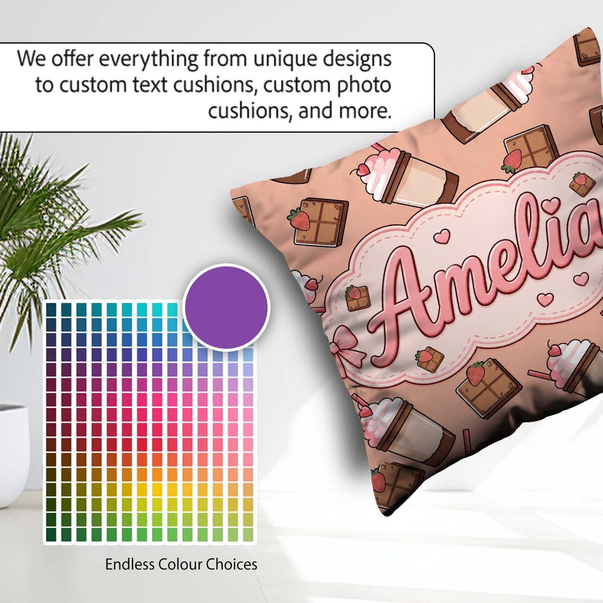 Custom Name Cute Chocolate Peach Background Sweet Drink Seamless Square Filled Cushion Throw Pillow Sofa Bed Home Decor Zip Washable UK Made