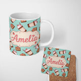 Personalized Custom Name Cute Chocolate Milkshake Mint Background Sweet Drink Seamless 11oz Ceramic Coffee Tea Mug White Large Handle