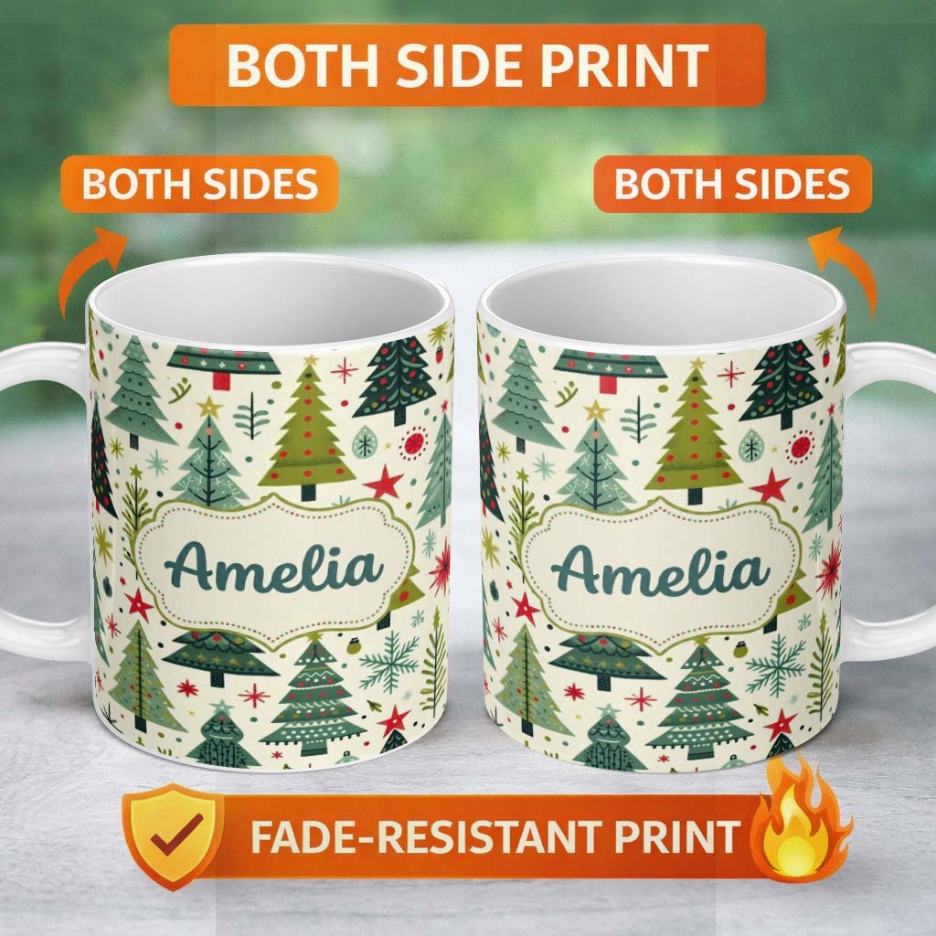 Personalized Custom Name Scandinavian Christmas Trees with Stars Snowflakes and Festive 11oz Ceramic Coffee Tea Mug White Large Handle