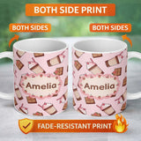 Personalized Custom Name Cute Chocolate Milkshake Soft Pink Background Sweet Drink Seamless 11oz Ceramic Coffee Tea Mug White Large Handle