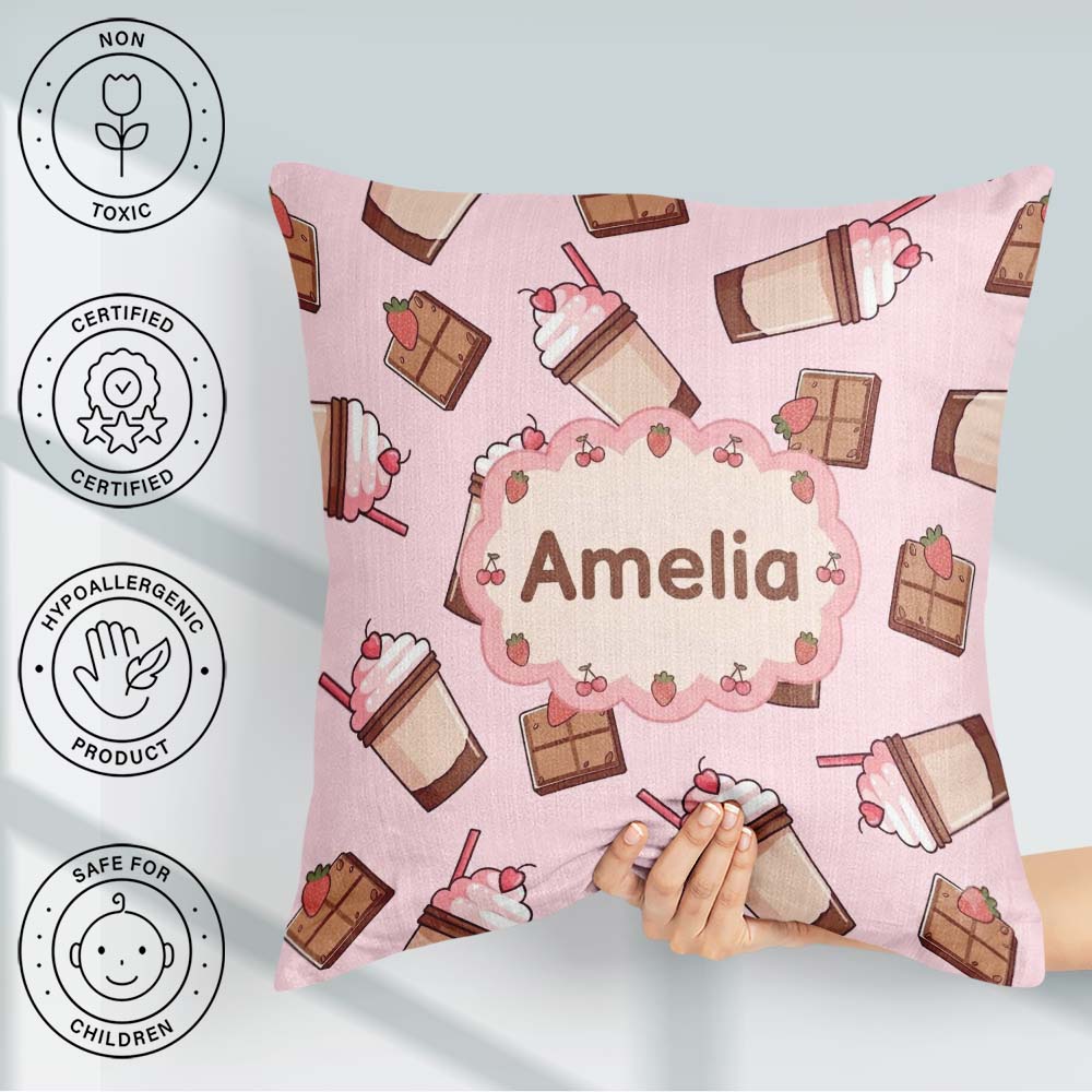 Custom Name Chocolate Milkshake Soft Pink Background Sweet Drink Square Filled Cushion Throw Pillow Sofa Bed Home Decor Zip Washable UK Made