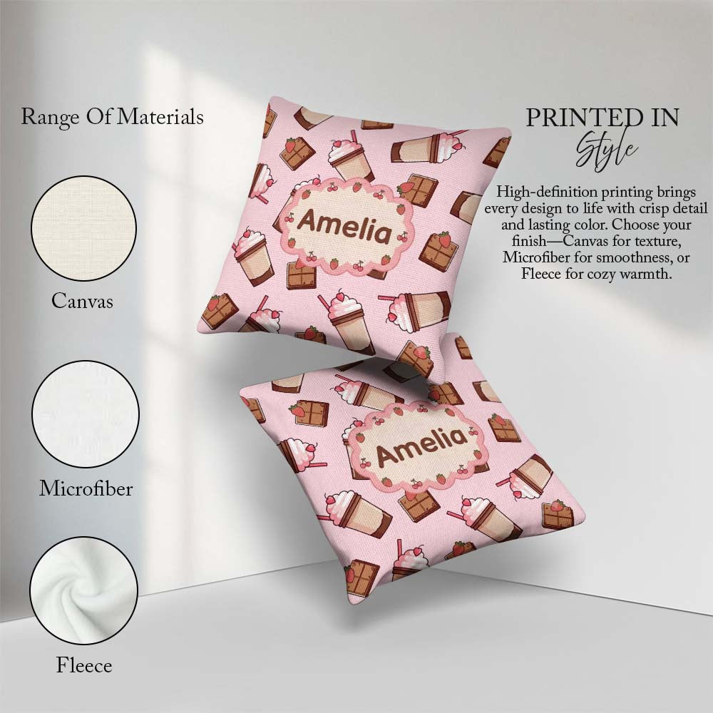Custom Name Chocolate Milkshake Soft Pink Background Sweet Drink Square Filled Cushion Throw Pillow Sofa Bed Home Decor Zip Washable UK Made