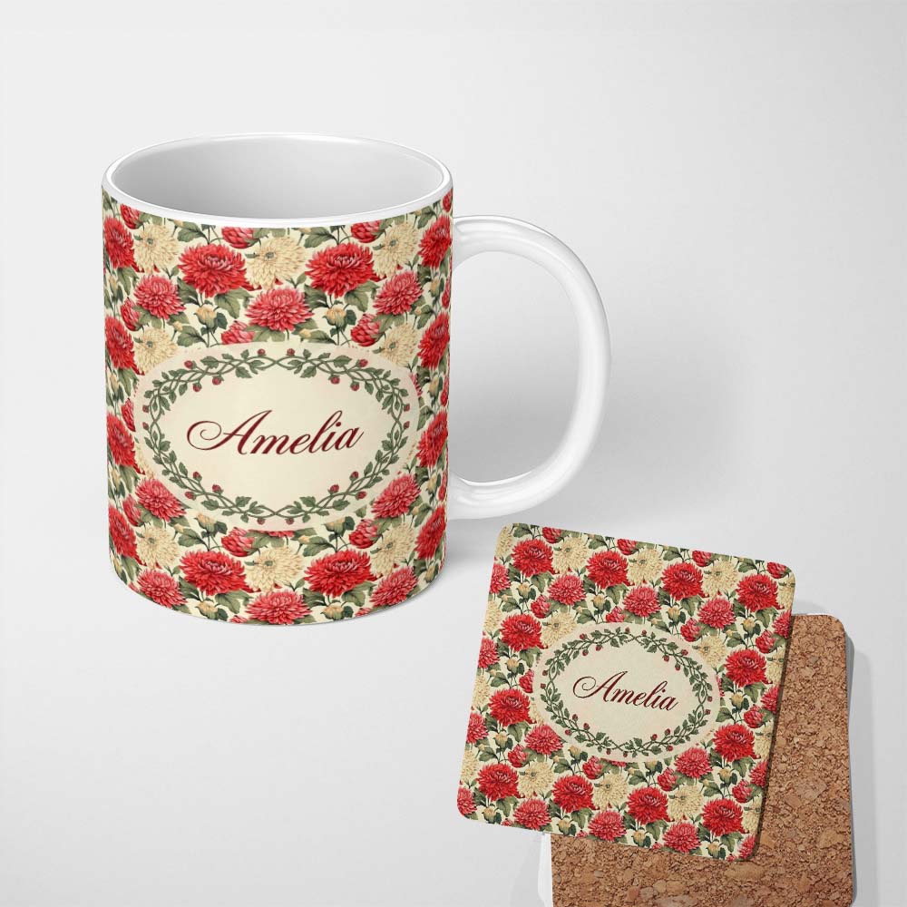 Personalized Custom Name Red and Cream Chrysanthemum Floral Garden Seamless Pattern Lovely 11oz Ceramic Coffee Tea Mug White Large Handle