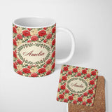 Personalized Custom Name Red and Cream Chrysanthemum Floral Garden Seamless Pattern Lovely 11oz Ceramic Coffee Tea Mug White Large Handle