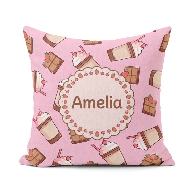 Custom Name Cute Chocolate Milkshake Pink Background Sweet Drink Square Filled Cushion Throw Pillow Sofa Bed Home Decor Zip Washable UK Made