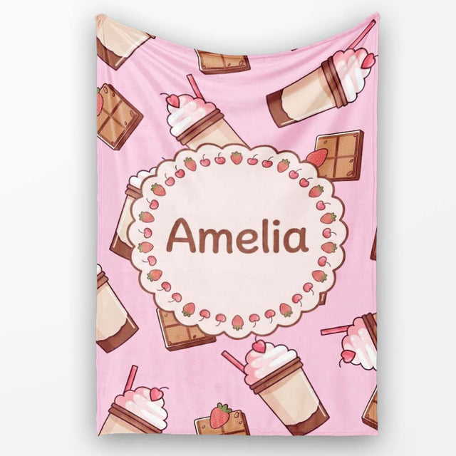 Cute Chocolate Milkshake Bright Pink Background Sweet Drink  Personalised Custom Name Super Soft Fleece Blanket Bed Sofa Throw