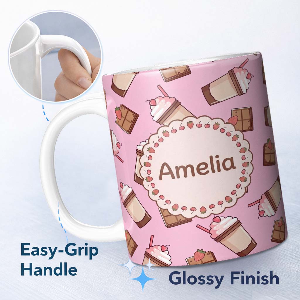 Personalized Custom Name Cute Chocolate Milkshake Bright Pink Background Sweet Drink 11oz Ceramic Coffee Tea Mug White Large Handle
