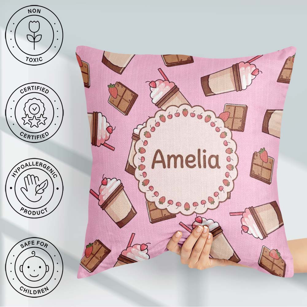 Custom Name Cute Chocolate Milkshake Pink Background Sweet Drink Square Filled Cushion Throw Pillow Sofa Bed Home Decor Zip Washable UK Made