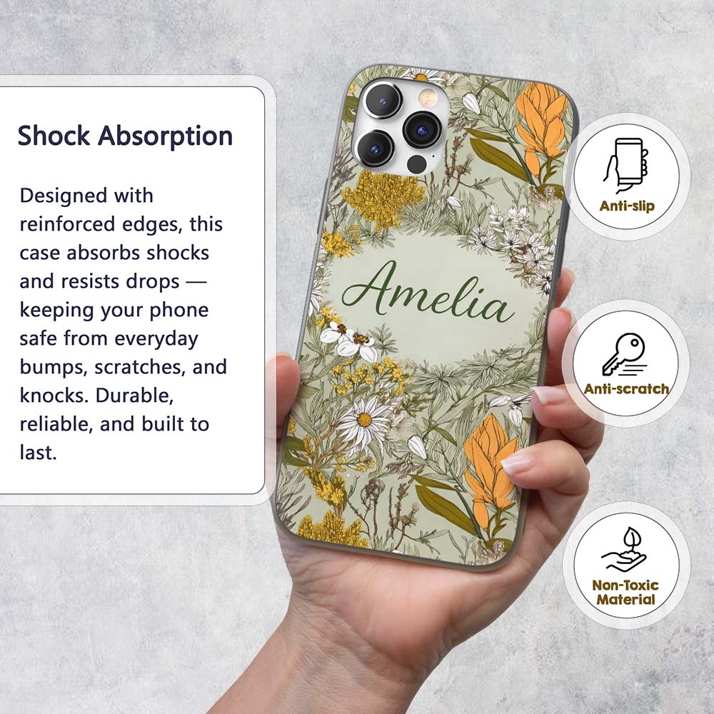 Vintage Botanical Floral Sage Green Detailed Custom Name Protective Phone Case Mobile Cover Durable Everyday Smartphone Shock Resistant