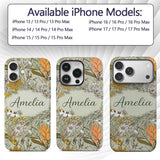 Vintage Botanical Floral Sage Green Detailed Custom Name Protective Phone Case Mobile Cover Durable Everyday Smartphone Shock Resistant