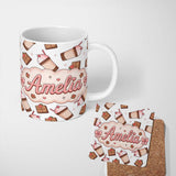 Personalized Custom Name Cute Chocolate Milkshake Light Grey Background Sweet Drink Seamless 11oz Ceramic Coffee Tea Mug White Large Handle