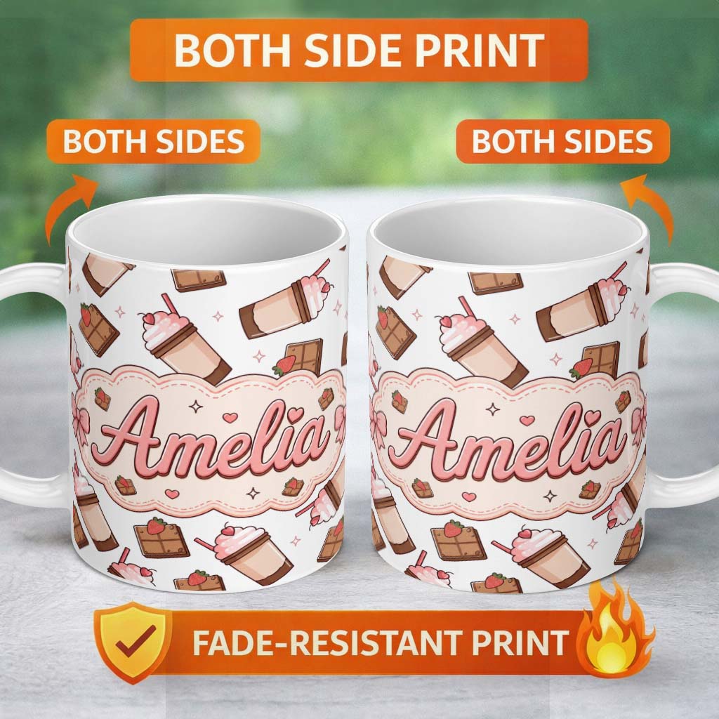 Personalized Custom Name Cute Chocolate Milkshake Light Grey Background Sweet Drink Seamless 11oz Ceramic Coffee Tea Mug White Large Handle