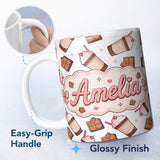 Personalized Custom Name Cute Chocolate Milkshake Light Grey Background Sweet Drink Seamless 11oz Ceramic Coffee Tea Mug White Large Handle