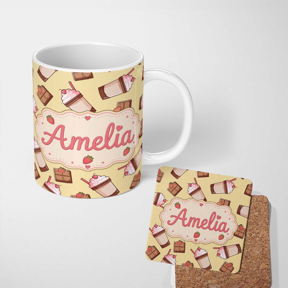 Personalized Custom Name Cute Chocolate Milkshake Strawberry Sweet Drink Seamless Pattern 11oz Ceramic Coffee Tea Mug White Large Handle
