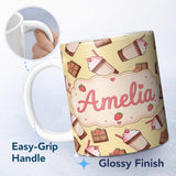 Personalized Custom Name Cute Chocolate Milkshake Strawberry Sweet Drink Seamless Pattern 11oz Ceramic Coffee Tea Mug White Large Handle